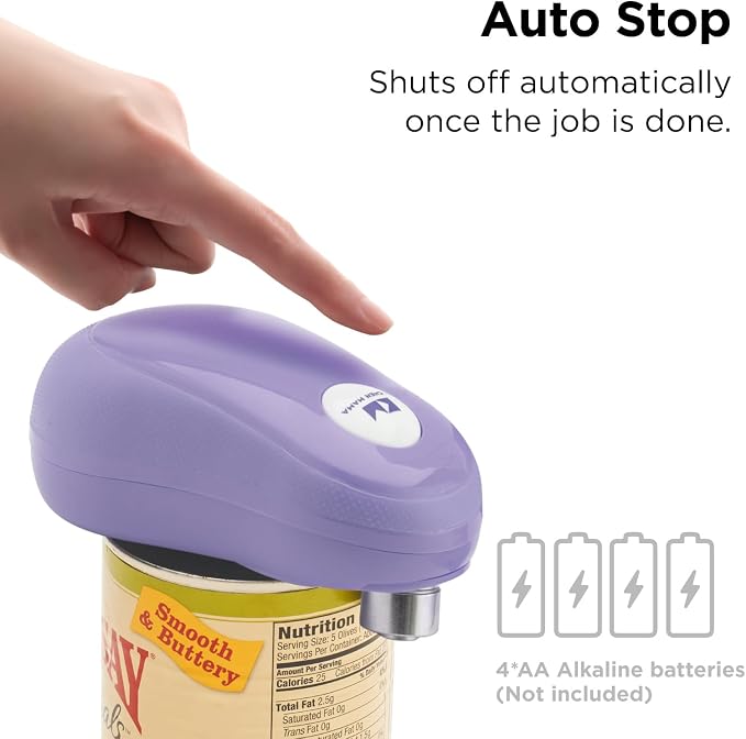 Kitchen Mama One Touch Electric Can Opener, Purple | Opens with One Button Press, Auto-Stop, Smooth Edge, Cordless, Battery Operated