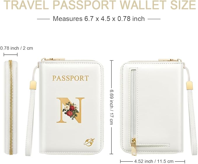 Passport Holder for Travel Personalized Wallet with Wristlet Women | All-in-One Passport Cover, RFID Blocking, Back Coin Pocket, Paper Money Slot, Zipper Closure, Roses Initial Letter, White N