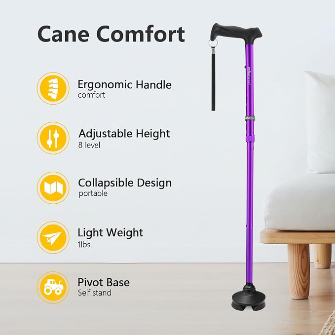 Rehaescort Walking Cane for Men & Women - Folding, Adjustable, Lightweight, Walking Canes for Seniors Balance, Free Standing, Pivot Tip, Soft Handle, Foldable Walking Sticks with Travel Bag