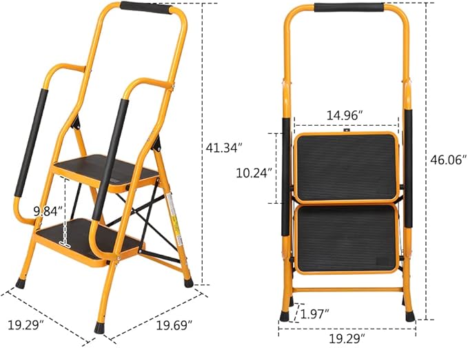 Winado 2 Step Ladder with Handrails, 500LBS Folding Step Stool, w/Non-Slip Side Armrests Large Pedal Area, Multi-use for Home Kitchen Pantry Office