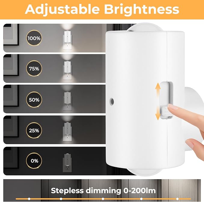 4 Pack Small LED Night Light, Dimmable Plug-in with Dusk to Dawn Auto On/Off, 5000K Daylight Adjustable Brightness (0-200LM), 180° Rotating, for Kitchen Bathroom Hallway Bedroom