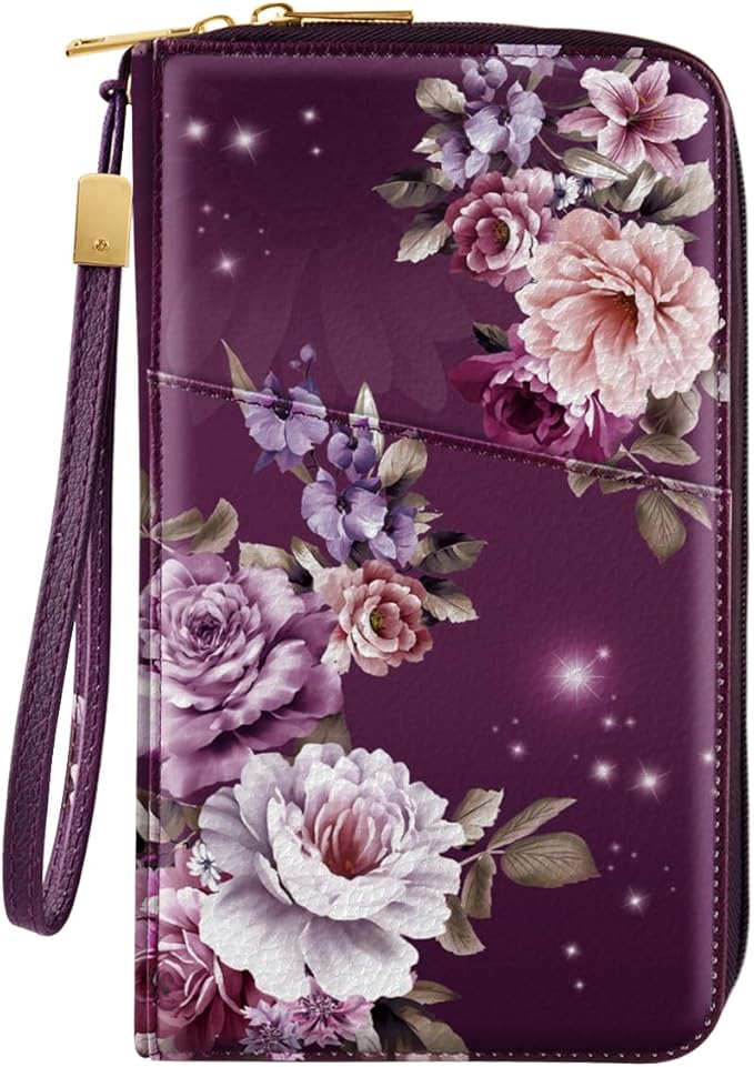 Family Passport Holder Wallet RFID Blocking Document Organizer | PU Leather Mulit-purpose Travel Wallet Credit Cards Case for Women Men, Purple Floral