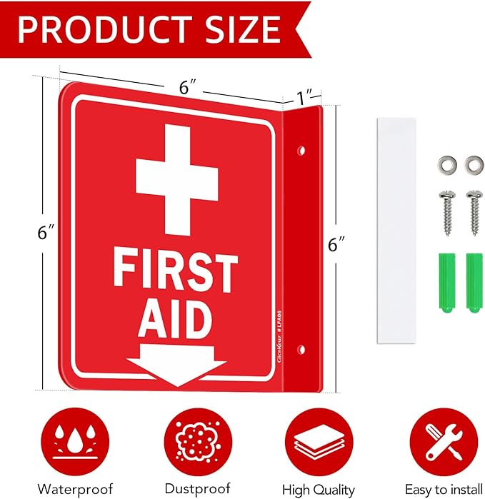 GicnKeuz First Aid Sign, 6" x 6" First Aid with Cross Symbol, Two-Sided Acrylic L-Sign for Business or Office or Wall Décor, Including Screws, Easy to Install (2 Pack)