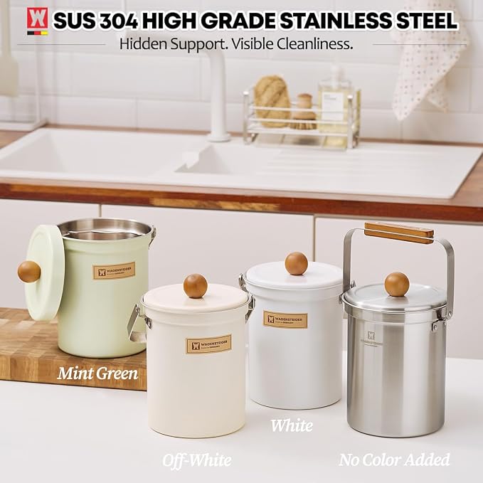 WAGENSTEIGER Kitchen Countertop Compost Bin 101ounces / 3Liters with Airtight Lid, SUS304 Stainless Steel Odor-Free Food Waste Bin with Wooden Handle Stylish Design/Bathroom Trash Can (Silver)