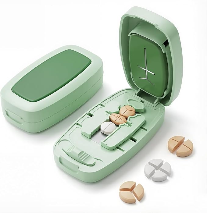 Pill Cutter Splitter with Adjustable Slot, 1/2 1/3 1/4 Even Splitting for Small Large Pills, Oval Long Tablets & Vitamins, Dual Fixing Clips, Multi-Pill Cutting, Hidden Sharp Blade (Green)
