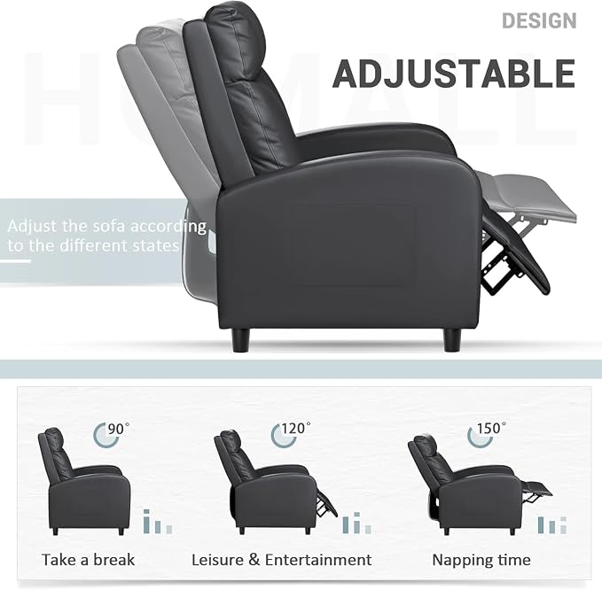 Homall Recliner Chair, Recliner Sofa Leather for Adults Dark Black Recliner | Massage Home Theater Seating with Lumbar Support, Reclining Sofa Chair for Living Room