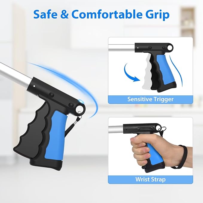 43" Grabber Reacher Tool Foldable Extension Grabber for Seniors Blue | 360° Rotating Jaw, Two Magnets, 4" Wide Claw Opening, Extra Long Trash Picker Upper, Mobility Aid Reaching Tool for Elderly
