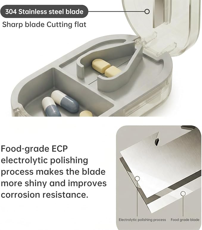 Pill Cutter Splitter for Small or Large Pills, Portable Pill Splitter with Hidden Professional Organizer and Brush, Tablet Cutter Medicine Slicer, Coupe Pilule for Tablets and Vitamins(Gray)