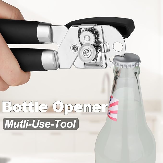 Stainless Steel Manual Rotary Opener, Heavy Duty Ergonomic Arthritis Friendly Handheld Mechanic Tool for Seniors & Arthritic Hands, Black