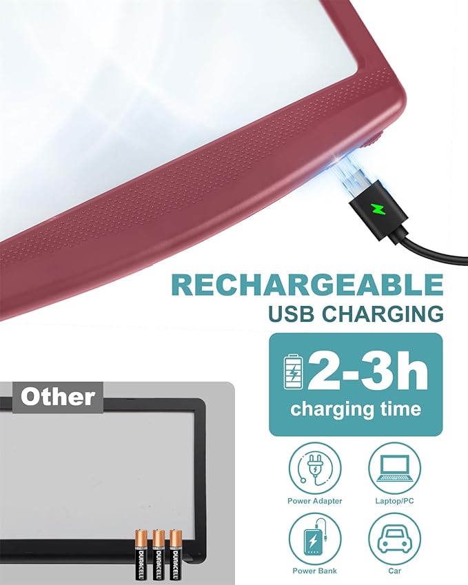 5X Rechargeable Magnifying Glass with Light, Large Bright LED Lighted Full Page Magnifier, Lightweight Rectangular Handheld Magnifier with Light for Reading Small Prints for Seniors, Red