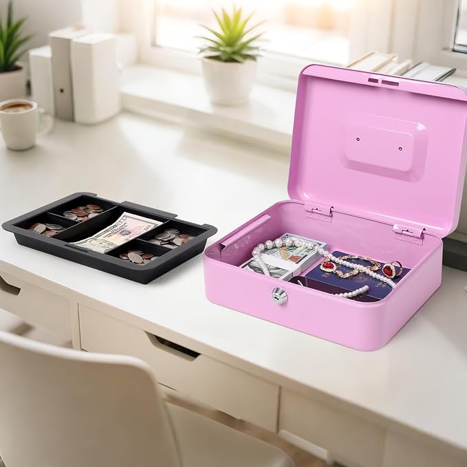 Jssmst Cash Box with Tray - Light Purple Money Box with Key Lock, Money Saving Box Lock Box, 9.84'' x 7.87'' x 2.6'', Light Purple