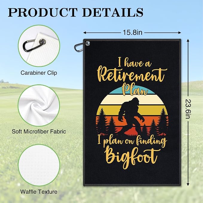 I Have Retirement Plan Golf Towel, Funny Sasquatch Golf Bag Towel with Clip, Golfing Accessories for Men Women, Birthday Retirement Gifts for Golfer Sports Fan, Golfing Gifts for Dad Grandpa