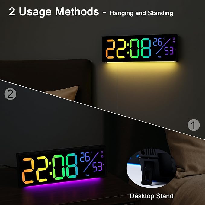 JoFomp 12" RGB Color LED Digital Wall Clock with Remote Control, Seconds Display, Plug-in Digital Alarm Clock with Auto Brightness, DST, Temp, Digital Clock for Living Room, Bedroom, Classroom, Office