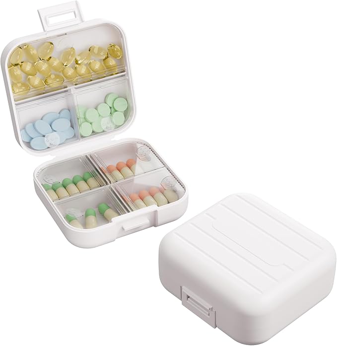 Small Travel Pill Box, Double Layer 7-Compartments Pill Organizer, Portable Weekly Pill Case Container for Pocket, 7 Day Compact Medicine Holder for Vitamins, Fish Oils, Supplements White