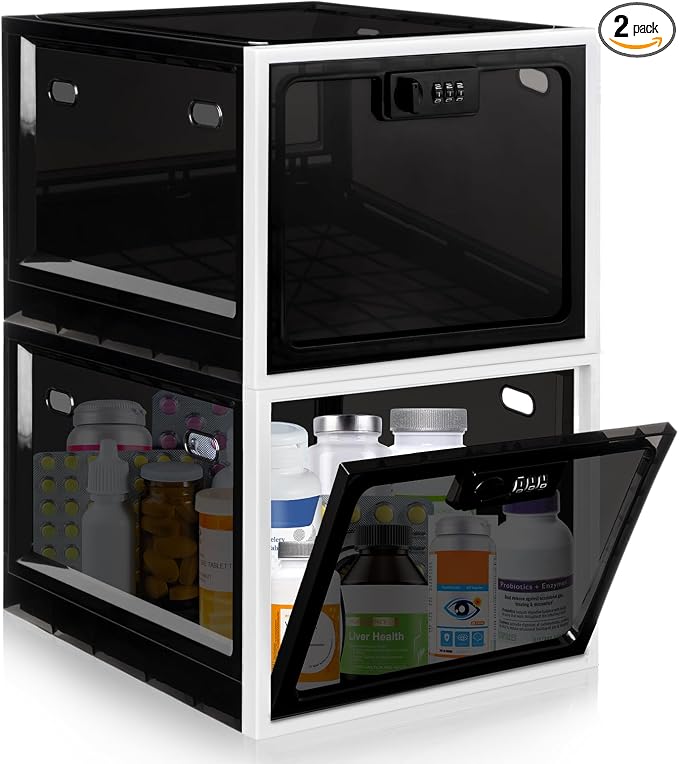 Gemaxvoled 2 Pack Medicine Lock Box, Large Capacity Premium Material Lockable Storage Bin Organizer Box with Combination Code for Safe Medication/Fridge Food/Snacks/Phone/Tablet Jail(Black)