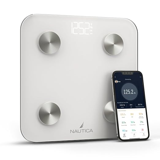 Nautica Body Tracker Digital Bathroom Scale, Bluetooth-Enabled Smart Scale with BMI, Body Fat, Muscle Mass Tracking & More, Syncs with Smartphone App for Body Composition Tracking, 396 Lbs.