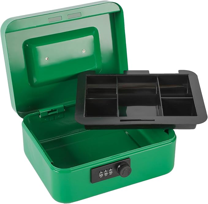 xydled Cash Box with Money Tray,Locking Cash Box with Combination Lock,Money Box with Removable Coin Tray,Medium,9.84 inchx 7.87 inchx 3.54 inch,Green
