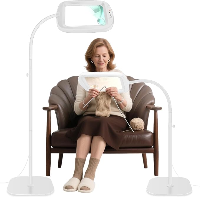 30X 10X Extra Large Floor Magnifying Glass with Light and Stand | 60 LED Flexible Gooseneck Floor Magnifying Lamp with 5 Color Modes, 2-in-1 Lighted Magnifiers for Close Work, Sewing,Crafts