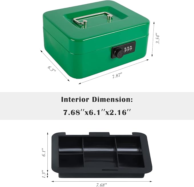 xydled Cash Box with Money Tray,Locking Cash Box with Combination Lock,Money Box with Removable Coin Tray,Medium,9.84 inchx 7.87 inchx 3.54 inch,Green