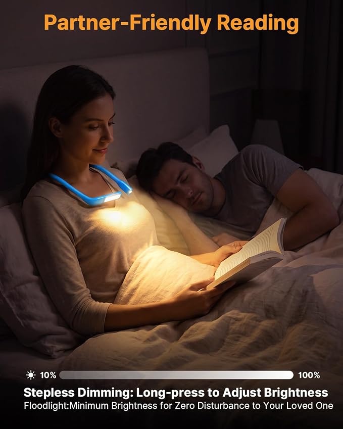 Neck Book Light with Storage Case, 3 Color Dimmable Reading Light | Eye Care, Foldable Head, Ergonomic, Comfortable, Memory Function, 80H Rechargeable Book Lamp, Back to School Supplies
