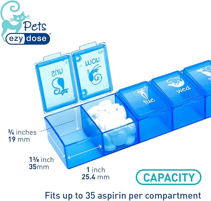 EZY DOSE Pets Weekly (7-Day) Pill Organizer, Vitamin and Medicine Box for Cats, X-Large Compartments, Convenient for Treats and Easy to Use, Blue Lids