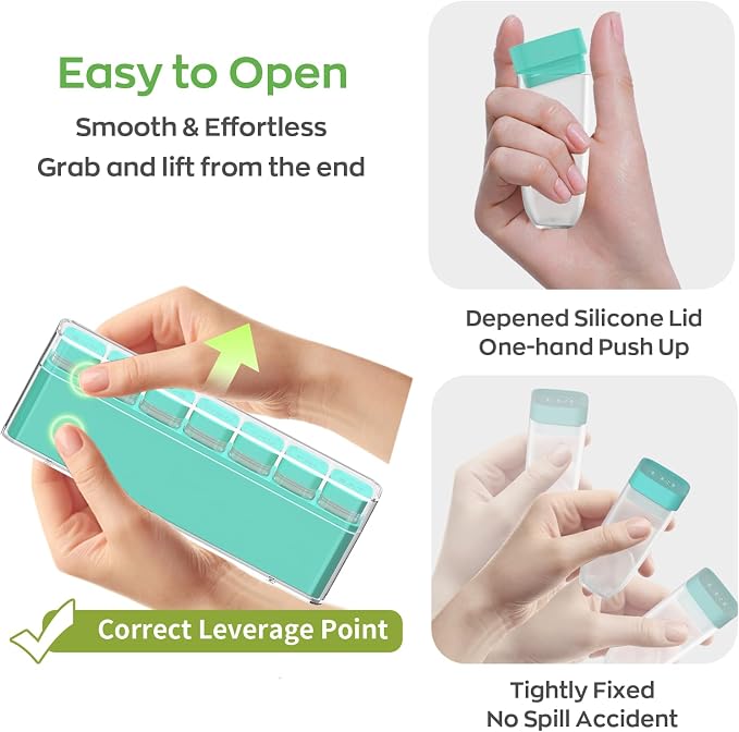 HIONXMGA Weekly Pill Organizer, Detachable 7-Color Pill Box, Easy Tracking | Portable Travel Pill Case Container for Daily Vitamin Supplement Fish Oil, Silicone-Seal, Lasting Labels, Quick Fill (Cyan)