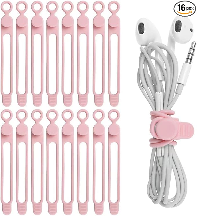 16Pcs Silicone Cable Ties Cord Organizer for Bundling Earphone, Phone Charger, Computer Cords, Reusable Wire Cable Management in Home,Office,Kitchen,School,Travel (Pink)