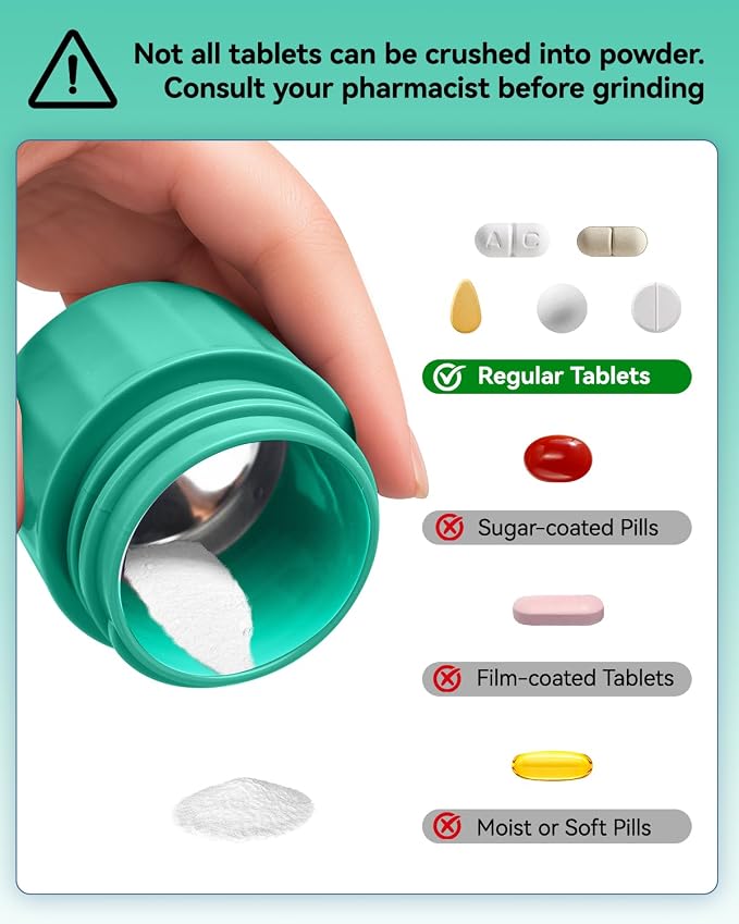 Pill Crusher Fine Powder - Cotatoc 3-in-1 Pills Grinder with Stainless Steel Grinding Pestle, Portable Pill Cutter and Crusher for Elderly and Pets (Cyan)