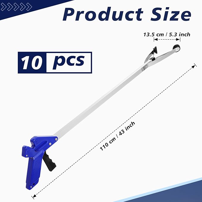 Sabary 10 Pack Suction Cup Reacher Grabber Heavy Trash Picker Grabber Tool, Long Handy Aids Nonslip Claw Reach Tool for Elderly Pick up Stick Arm Extension Litter Picker(Blue,43 Inch)