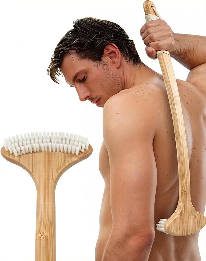 Extra Long Bamboo Back Scratcher, 22'' Reach Back Easily | Curved Handle, Wide Brush Head for Instant Itch Relief, Wet or Dry Use for Shower, Easy to Grip for Men/Women/Elderly