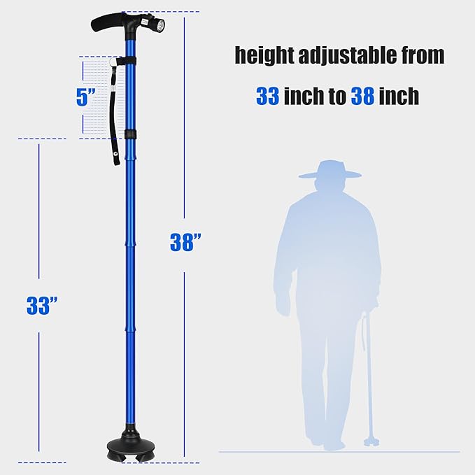 Folding Cane with Led Light, Adjustable Canes for Men and Women, Walking Stick for Elderly with Cushion Handle and Pivoting Quad Base for Hiking Mountain Climbing Backpacker…