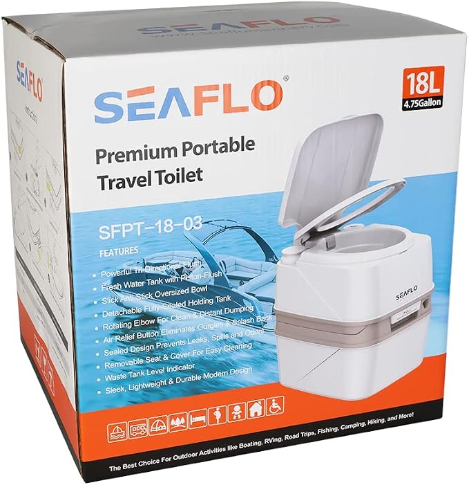 SEAFLO Premium Camping Portable Toilet - 5.8 Gallon Waste 3.43 Gall Fresh Tank (100 Flushes), 440 lbs Max Weight, Level Indicator, Sealed Waste Tank for RV, Boat, Elderly, Off-Grid, 4-Year Warranty