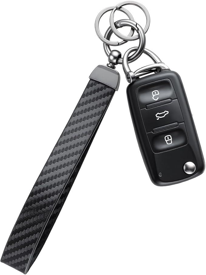 JUSTTOP Leather Wristlet Keychain, Carbon Fiber Car Key Chain with Anti-Lost D-Ring and 2 Key Rings, Compatible with Most Car Keys, Car Accessories, A Great Gift for Men and Women (Black)