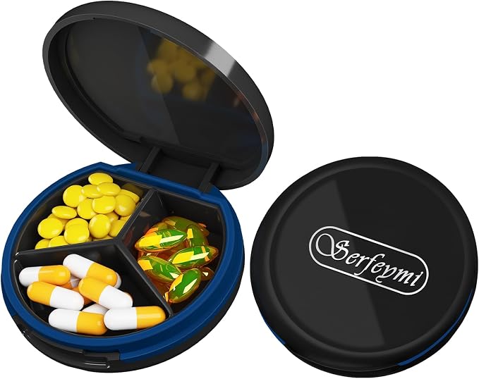 Serfeymi Small Pill Case for Purse, Unique Artistic Patterns Travel Pill Box with 3 Compartments, Portable Mini Pill Organizer for Pocket, Decorative Pill Container for Purse - Black(Logo)