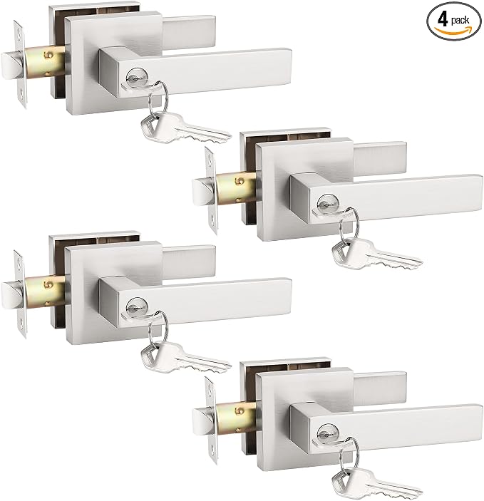 KNOBWELL 4 Pack Modern Square Door Knob with Lock, Front Door Handle with Lock and Key Brushed Nickel Entry Door Levers(Same Key)