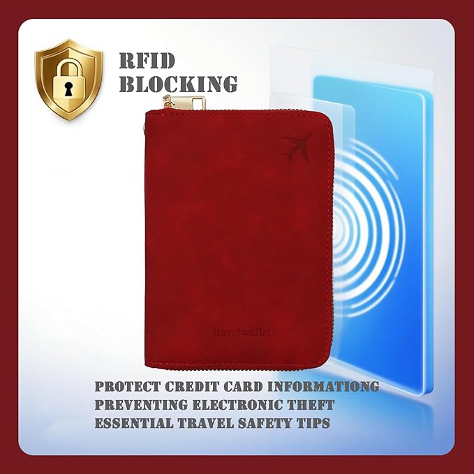 Passport Holder with Tether and Carabiner Clip to Prevent Loss and Theft, Rfid Passport Holder for Travel, Passport Cover, Wallet & Case for Men and Women (Red - Tether and Carabiner)