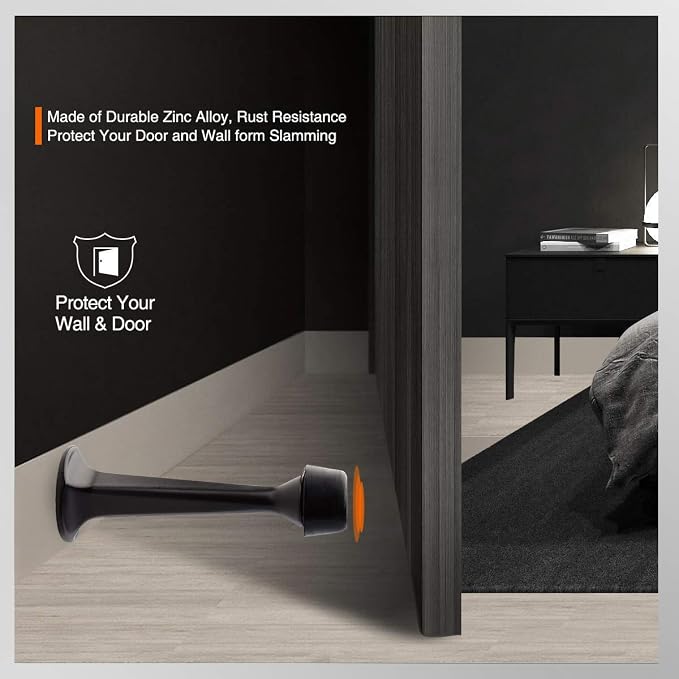 2 Pack Solid Rigid Door Stops - Heavy Duty Door Stoppers Wall Protector with Soft Rubber Tips, Black