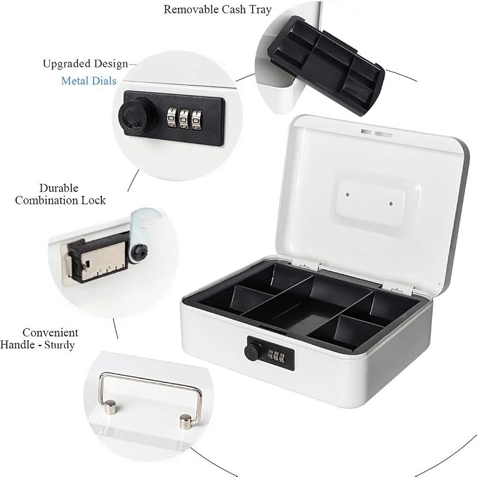 Jssmst Cash Box with Combination Lock - Durable Metal Cash Box with Money Tray, Large, White