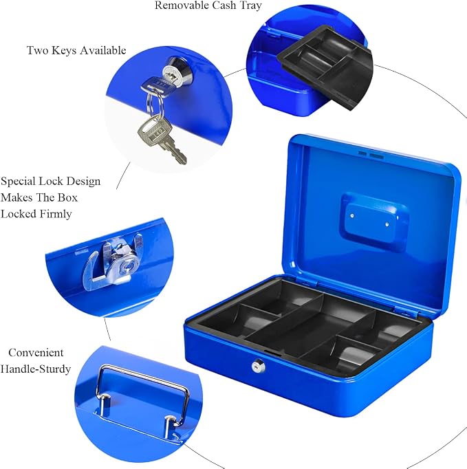 Jssmst Large Cash Box with Key Lock - Durable Metal Cash Box with Money Tray, 11.81 x 9.84 x 3.46 inches (X-Large, Blue)
