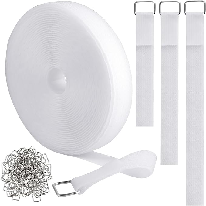 YMCRLUX 1"x32ft Hook and Loop Straps with 50 Metal Buckles, Adjustable Fastening Cable Straps, Cut-to-Length Cinch Strap, Reusable Nylon Securing Cord Ties for Organizer or Storage, 1 inch Wide, White