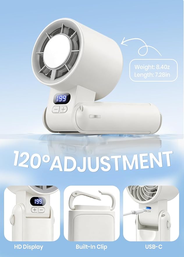 Portable Handheld Turbo Fan, 1-199 Speed Adjustable, White | 4 IN 1 Pocket Design with LED Display, High-Power Motor, Rechargeable Battery, Mini Fans for Indoor/Outdoor/Travel/Work
