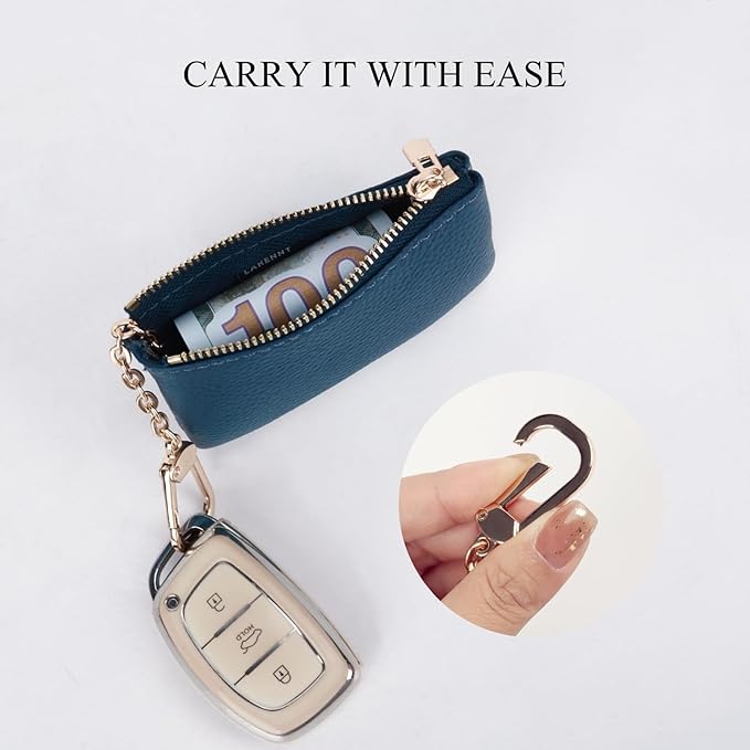 Full Grain Leather Coin Purse with Key Chain - Small Change Purse Keychain Card Holder Keychain Pouch Small Keychain Wallet for Women and Men (Navy Blue), LA-2312