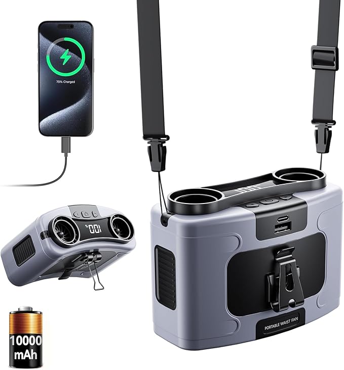 Doublepow 10000mAh Portable Waist Fan, Personal Dual Waist Fan, Clip On Belt Hanging Neck, Dual Motor 20H&10 Speed 16000RPM Strong Airflow, USB Rechargeable Fans, for Outdoor Work Travel(K60-Gray)