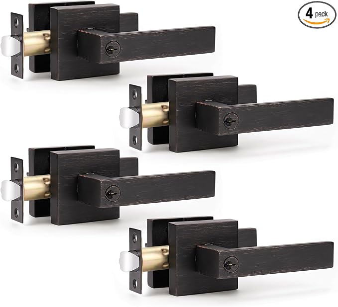 KNOBWELL 4 Pack Modern Square Door Knob with Lock, Front Door Handle with Lock and Key Oil Rubbed Bronze Entry Door Levers(Same Key)