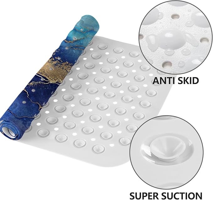 LNOND Marble Bath Tub Mat Non Slip, Extra Long 40 X 16 Inch Anti Slip Mat for Bathtub, Blue Gold Marble Shower Mat with Drain Holes and Suction Cups, Machine Washable
