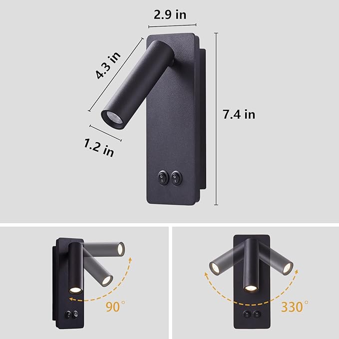 Wall Mounted Reading Light Set of 2, LED Headboard Reading Lamp with 3 Dimming，Bedside Wall Lamps with Plug in Cord, 350° Rotation Sconces Wall Lighting, 3W Spotlight+6W Backlight (Black)