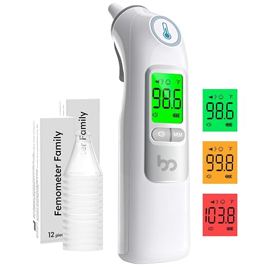 Femometer Family Ear Thermometer for Adults and Kids, Gray | 1s Fast Accurate Reading, 30-Memory Recall, 3-Color Fever Alert, ℃/℉ Switchable, Silent Mode, with 24 Disposable Probe Covers