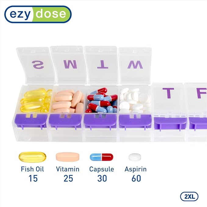 EZY DOSE Weekly (7-Day) Pill Case, Medicine Planner, Vitamin Organizer Box, 2X-Large Push-Button Compartments, Color May Vary, BPA Free