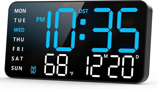 Abovsare Digital Wall Clock, Digital Clock Large Display, Corded LED Alarm Clocks with Date, Week, Temp, Auto Dimming, DST, Wall Mount or Desk Clock for Bedroom Living Room Classroom Office (Blue)