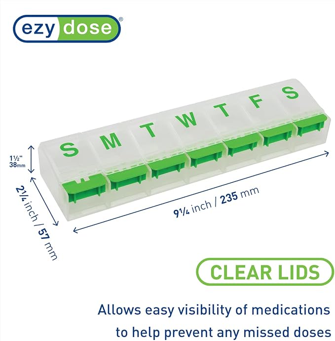 EZY DOSE Weekly (7-Day) Pill Organizer, Vitamin and Medicine Box, Large Push Button Compartments, Clear Lids (Pack of 2)